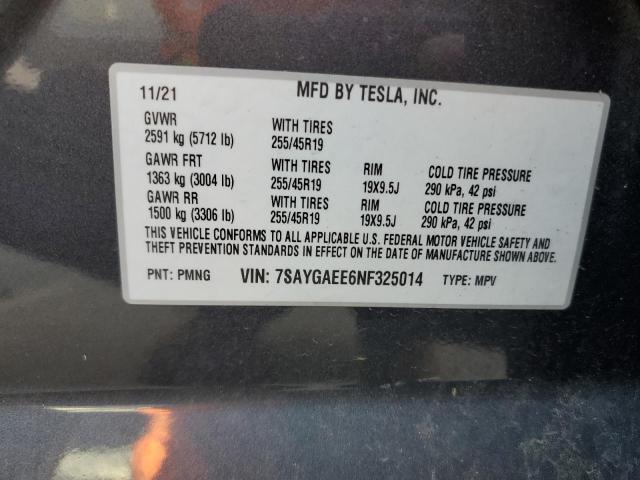 7SAYGAEE6NF325014 - 2022 TESLA MODEL Y فحمي صورة 10