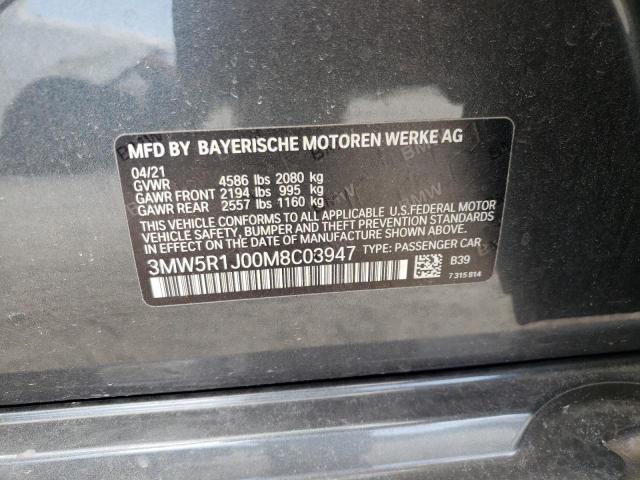 3MW5R1J00M8C03947 - 2021 BMW 330I GRAY photo 10