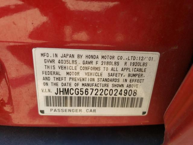 JHMCG56722C024908 - 2002 HONDA ACCORD S RED photo 10