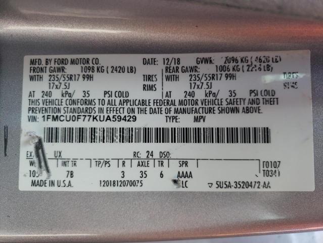 1FMCU0F77KUA59429 - 2019 FORD ESCAPE S SILVER photo 10