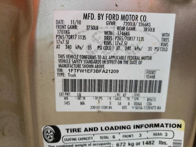 1FTFW1EF3BFA21209 - 2011 FORD F-150 TAN photo 10