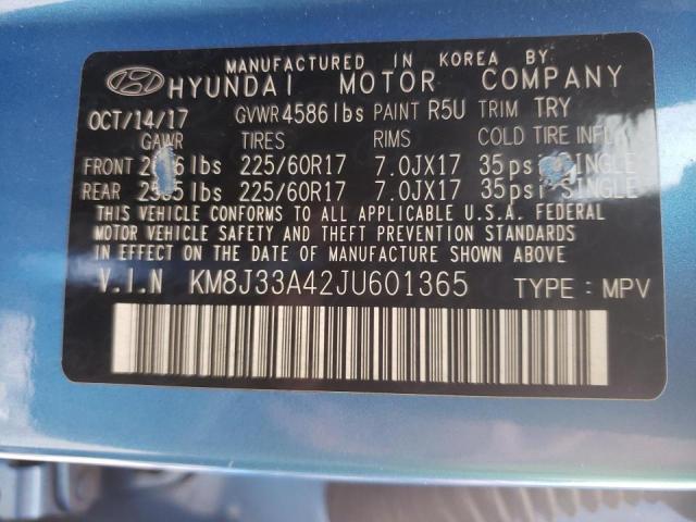 KM8J33A42JU601365 - 2018 HYUNDAI TUCSON SEL BLUE photo 10