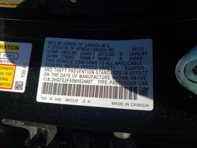 2HGFE2F55NH524887 - 2022 HONDA CIVIC SPOR BLACK photo 10