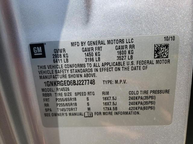 1GNKRGED6BJ227748 - 2011 CHEVROLET TRAVERSE L SILVER photo 10