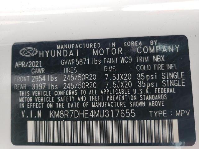 KM8R7DHE4MU317655 - 2021 HYUNDAI PALISADE C WHITE photo 10