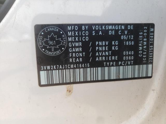 3VW2K7AJ1CM416415 - 2012 VOLKSWAGEN JETTA BASE WHITE photo 10