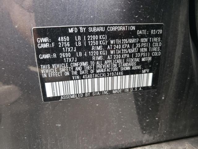 4S4BTACCXL3197446 - 2020 SUBARU OUTBACK PR GRAY photo 10