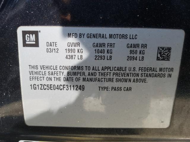 1G1ZC5E04CF311249 - 2012 CHEVROLET MALIBU 1LT შავი ფოტო 10