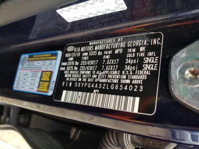 5XYPG4A32LG654023 - 2020 KIA SORENTO L BLUE photo 10