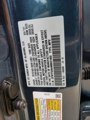 5FNYF5H64MB031900 - 2021 HONDA PILOT TOUR BLUE photo 10