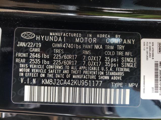 KM8J2CA42KU951177 - 2019 HYUNDAI TUCSON SE BLACK photo 10