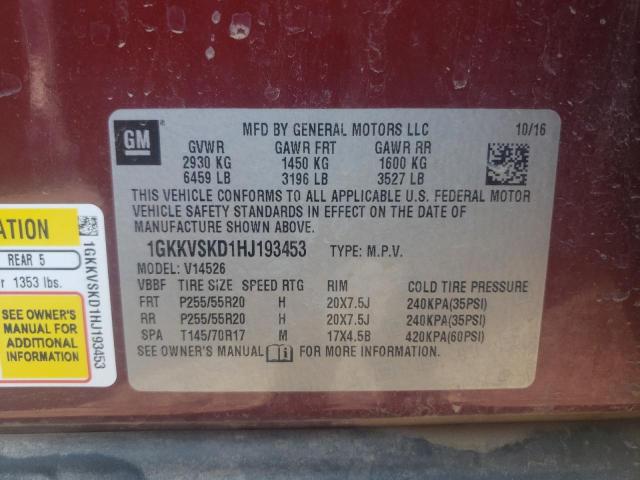 1GKKVSKD1HJ193453 - 2017 GMC ACADIA LIM RED photo 10