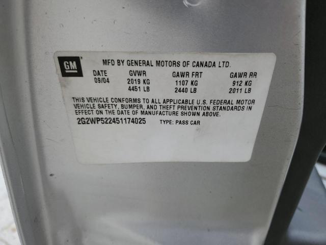 2G2WP522451174025 - 2005 PONTIAC GRAND PRIX SILVER photo 10