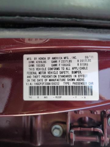 1HGCP2F35BA156202 - 2011 HONDA ACCORD LX BURGUNDY photo 10