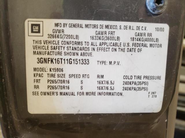 3GNFK16T11G151333 - 2001 CHEVROLET SUBURBAN GRAY photo 10