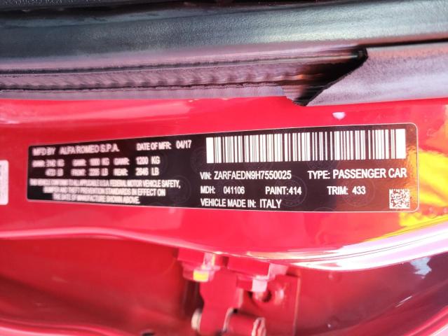 ZARFAEDN9H7550025 - 2017 ALFA ROMEO GIULIA Q4 红色 照片 10