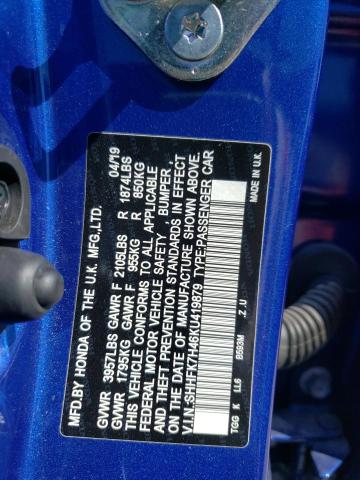 SHHFK7H46KU419879 - 2019 HONDA CIVIC SPOR BLUE photo 10