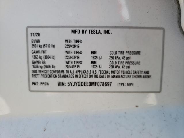 5YJYGDEE0MF078697 - 2021 TESLA MODEL Y أبيض صورة 10