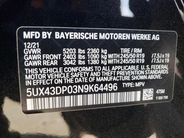 5UX43DP03N9K64496 - 2022 BMW X3 SDRIVE3 BLACK photo 10