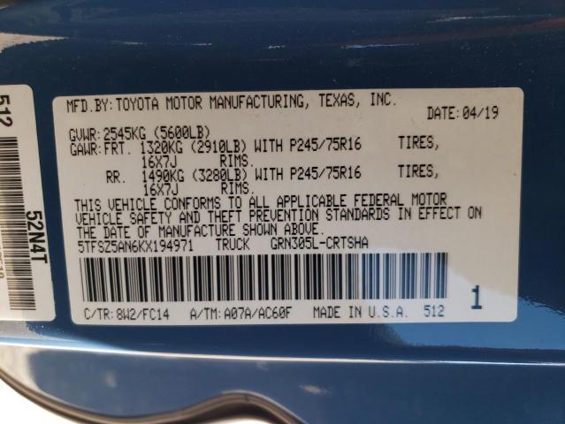 5TFSZ5AN6KX194971 - 2019 TOYOTA TACOMA ACCESS CAB  ფოტო 10