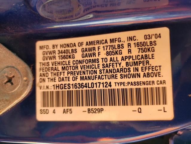 1HGES16364L017124 - 2004 HONDA CIVIC DX V BLUE photo 10