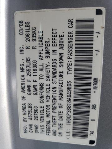 1HGCP36818A049805 - 2008 HONDA ACCORD EXL SILVER photo 10