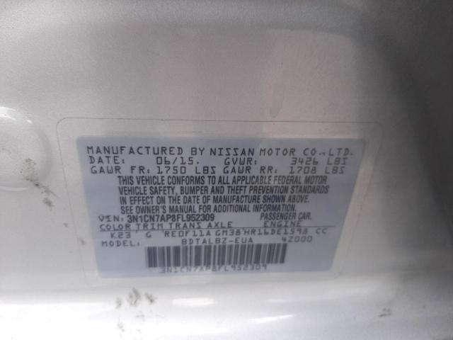 3N1CN7AP8FL952309 - 2015 NISSAN VERSA S SILVER photo 10