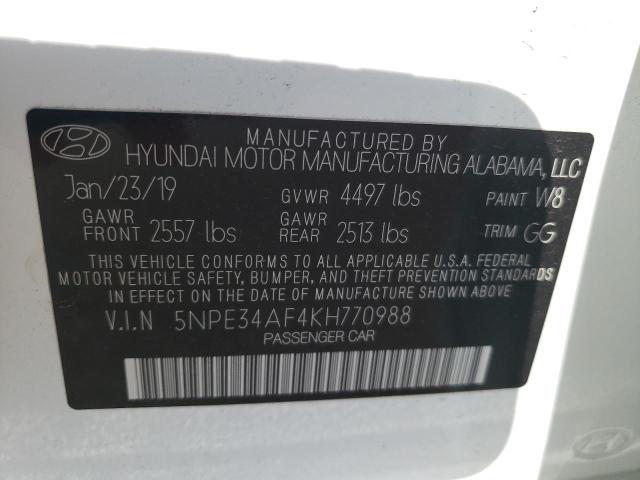 5NPE34AF4KH770988 - 2019 HYUNDAI SONATA LIM WHITE photo 10