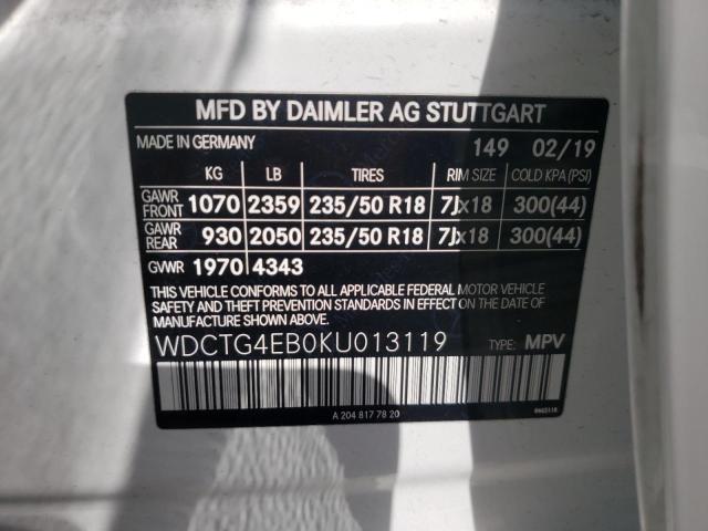 WDCTG4EB0KU013119 - 2019 MERCEDES-BENZ GLA 250  photo 10