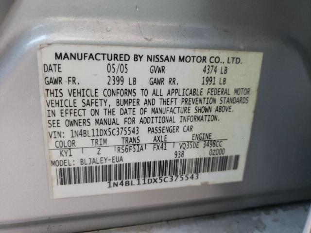 1N4BL11DX5C375543 - 2005 NISSAN ALTIMA SE SILVER photo 10