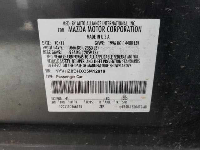 1YVHZ8DHXC5M12919 - 2012 MAZDA 6 I GRAY photo 10