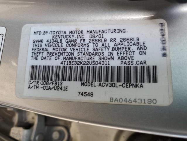 4T1BE32K22U504311 - 2002 TOYOTA CAMRY LE  photo 10