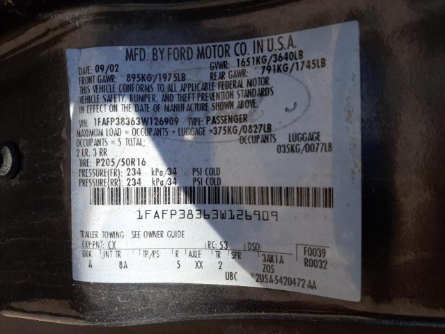 1FAFP38363W126909 - 2003 FORD FOCUS ZTS GRAY photo 10