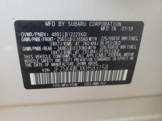 JF2SKAWCXKH583158 - 2019 SUBARU FORESTER T WHITE photo 10