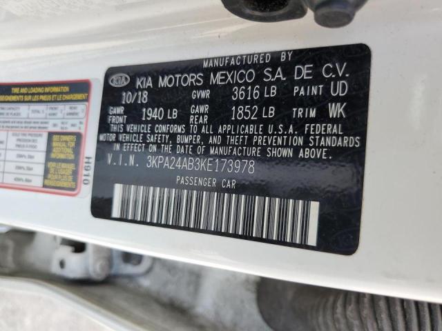 3KPA24AB3KE173978 - 2019 KIA RIO S WHITE photo 10