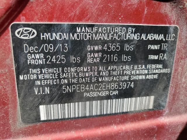 5NPEB4AC2EH863974 - 2014 HYUNDAI SONATA GLS MAROON photo 10