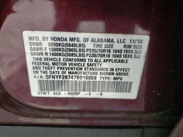 5FNYF28747B016969 - 2007 HONDA PILOT MAROON photo 10