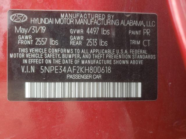 5NPE34AF2KH800618 - 2019 HYUNDAI SONATA LIM RED photo 10