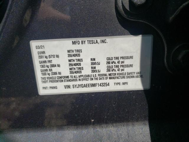 5YJYGAEE9MF143254 - 2021 TESLA MODEL Y رمادي صورة 10