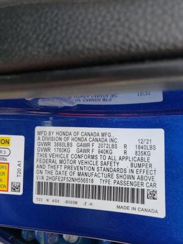 2HGFE2F52NH556518 - 2022 HONDA CIVIC SPOR BLUE photo 10