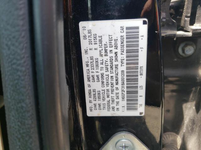 1HGCP2F31BA001209 - 2011 HONDA ACCORD LX BLACK photo 10