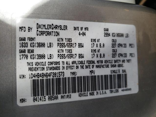 1D4HB48N64F201573 - 2004 DODGE DURANGO SLT  photo 10