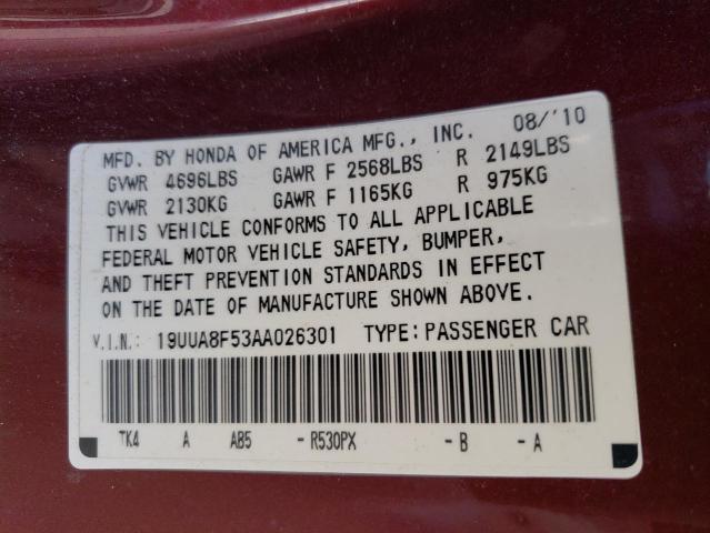 19UUA8F53AA026301 - 2010 ACURA TL BURGUNDY photo 10