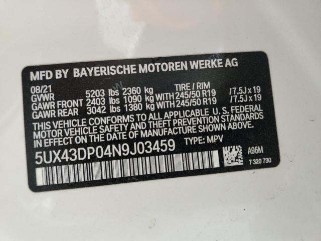 5UX43DP04N9J03459 - 2022 BMW X3 SDRIVE3 WHITE photo 10