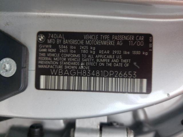 WBAGH83481DP26653 - 2001 BMW 7 SERIES SILVER photo 10