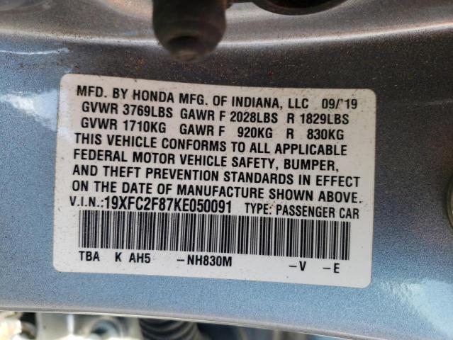 19XFC2F87KE050091 - 2019 HONDA CIVIC SPOR SILVER photo 10