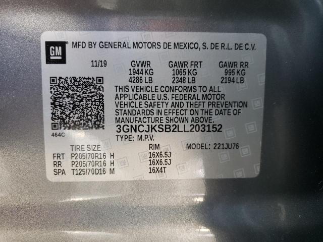 3GNCJKSB2LL203152 - 2020 CHEVROLET TRAX LS GRAY photo 10