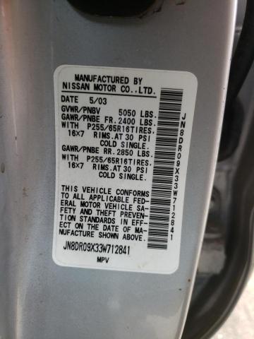 JN8DR09X33W712841 - 2003 NISSAN PATHFINDER GRAY photo 10