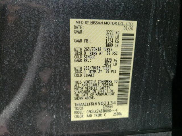 1N6AA1EF8LN502134 - 2020 NISSAN TITAN SV GRAY photo 10