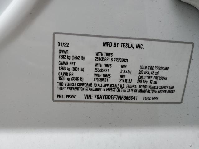 7SAYGDEF7NF365841 - 2022 TESLA MODEL Y Blanc photo 10